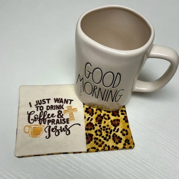 Hand Crafted Mug Rug Coaster Embroidered Cotton Fabric Padded Absorbs Liquid - Picture 4 of 4